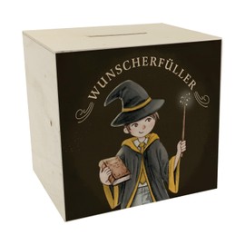 Wish Fulfiller Wooden Money Box with Magic Student in Yellow A Colourful Piggy Bank for All Magic Fans Magic School Wizard Motif Money Box Teenager Birthday House Crest Fantasy