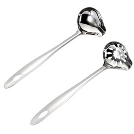 2 Pcs Duckbill Serving Spoon, with Pouring Spout, Soup Ladle Spoon, Slotted Spoon, Gravy Spoon, Sauce Spoon, Cooking Spoon, Kitchen Utensils Set, Stainless Steel