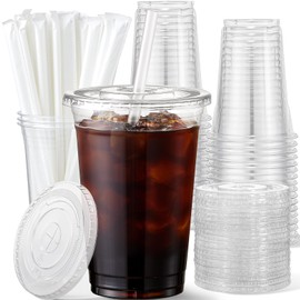 AOZITA 16 oz Plastic Cups with Lids and Straws, 50 Pack, Disposable Iced Coffee Cups with Lids, Clear Cups with Lids for Cold Drinks, Iced Tea, Milkshakes, Smoothies - Durable & BPA Free