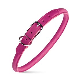 Dogline Soft and Padded Rolled Round Leather Collar for Dogs W3/8" - L16"-19", Pink