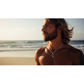 US Jewels Men's Solid 925 Sterling Silver Tiger Shark Tooth Pendant 3.8mm Alternating Marine Necklace, 26in