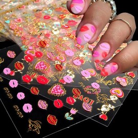 30 Sheets Valentine's Day Nail Art Stickers Heart Nail Decals 3D Self Adhesive Nail Decals Lipstick Love Red Lip Designs Valentine Nail Decorations for Women Manicure