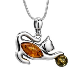 Copal Women's Amber Necklace 925 Silver with Cat Pendant, Honey Colour, Adjustable Length, Eco Packaging, Gift for Girlfriend, amber, Amber, amber necklace