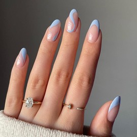 24 Pcs Press on Nails Medium, Luvehandicraft Stiletto Swirl Fake Nails, False Nails with Nail Glue on Nails for Women and Girls (Medium Blue French and Swirl)