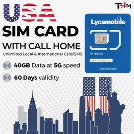 USA SIM Card for 60 Days with 40GB Data | Unlimited Local Calls/Texts | Call Home for Free! Updated 5G Plan with Hotspot/Tethering!