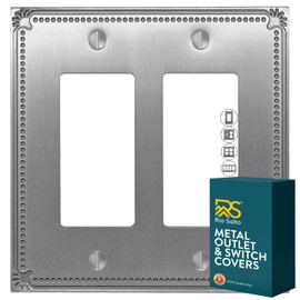 Rio Salto Pearl Collection Brushed Nickel Double Rocker Light Switch Plate – Silver Metal Outlet Covers Decorative Wall Plates 2-Gang Midsize 5 x 5", Heavy Gauge Premium Design