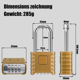Heavy Combination Lock, Diyife 4-Digit Combination Lock with 8 mm Thick Long Shackle, 304 Stainless Steel, One Button Release, Waterproof & Anti-Theft for Yard, Fence, Garages, Gates - Brass