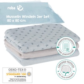 roba organic 3er Windel Set Lil Planet - 80 x 80 cm - Musselin - Textilwindeln aus Bio Baumwolle - GOTS & Oeko-Tex 100 zertifiziert - Hellblau