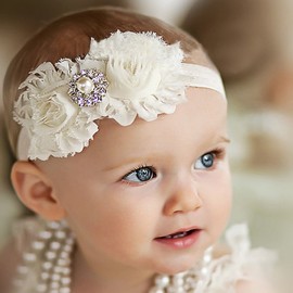 Baby Girl Chic Headband - Chiffon Lace Headwear with Flower Bows for Newborn Infant Toddler Girls Princess Headbands Head Wrap with Pearl Boho Hair Band Turban Cute Elastic Bow Holder Hair Accessories