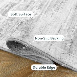 DriftAway Area Rug 9x12 Washable Rugs for Living Room Non Slip Rubber Backing Low Pile Non Shedding Carpet Friendly Boho Foldable Vintage Rugs for Bedroom Dining Room Light Gray White