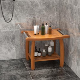 Gaintex Teak Shower Bench with Handles and Storage Shelf, Teak Shower Stool for Shaving Legs, Non-Slip Foot Pads, Waterproof Spa Bathing Step Foot Rest Seat for Bathroom (Horizontal Slat)