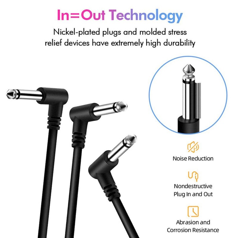 Guitar Pedal Cable Set, 6-Pack, Right Angle Connectors, Noise-Free Effect