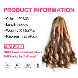12 Inch French Curly Braiding Hair 27/33 Short French Curl Braiding Hair with Curly Ends Hair Extensions Braids Crochet Hair for Women (12 inch,8 packs,P27/33#)