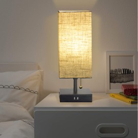 LEONC Design·LED Bedside Table Lamp & Desk Lamp – Modern Lamp with 2 USB Port, Nightstand Lamp Soft Ambient Light, Unique Black Base with Tall Fabric Lampshade – Perfect for Table in Bedroom, Living