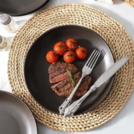 Tikooere Dinner Plates Set of 4, 10 Inch Ceramic Plates - Stoneware Dinnerware Set for Pancakes, Scratch Resistant Black Plates, Microwave Oven and Dishwasher Safe for Steak, Noodle, Kitchen