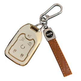 Key Fob Cover for Chevy GMC 6 Buttons Soft TPU with Leather Keychain Key Fob Remote Case Fit for Chevy Tahoe Suburban GMC Yucon XL Denali 2015 2016 2017 2018 2019 2020丨HYQ1AA 13580802 13508280丨White