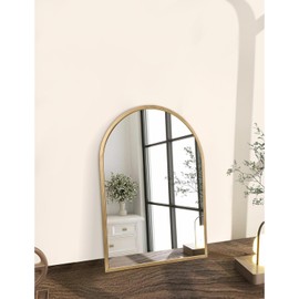HLFMVWE Wall Mirror Arched Bathroom Mirrors, Aluminum Alloy Frame Hanging Vanity Mirror for Living Room Bedroom Entryway Vanity, Brushed Metal Framed Wall Mounted Mirror Gold 16"x12"