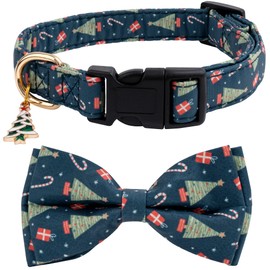 Cotton Christmas Dogs Collar with Bow Tie Green Dog Collars for Girl Female Boy Male Small Medium Large Dogs Christmas Trees Charm S
