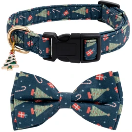 Cotton Christmas Dogs Collar with Bow Tie Green Dog Collars for Girl Female Boy Male Small Medium Large Dogs Christmas Trees Charm S
