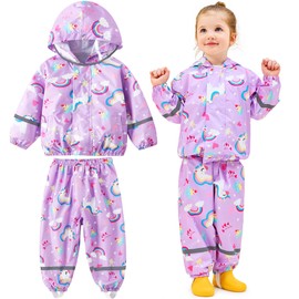 Baogaier Girls Waterproof Suit Kids Rain Suit Lightweight Rain Jacket and Trouser Set, Purple Horse Windproof Mesh Lining Raincoat & Pants 2 pcs Sets Outdoor Play Rainwear Age 4-5 Years