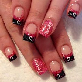 Medium Valentine's Day Press on Nails Love Flash Square French Tip Fake Nails with Letter Line Glitter Design Valentines Nails Cute Press on Full Cover Glue on Nails False Nails Heart Nails for Women