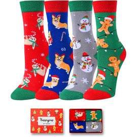 HAPPYPOP Christmas Socks for Kids - Secret Santa Gifts Xmas Stocking Stuffers for Boys Girls, 4 Pack of Christmas Gingerbread Socks for 10-12 Years