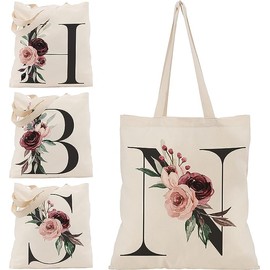 Floral Initial Canvas Bag Gifts for Women - 15"x16" Shoulder Tote Bags for Bridesmaids Hen Party Teacher Gift Shopping Bag C1 (Initial #N)