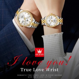 OLEVS His and Hers Couple Watches Analog Quartz Watch for Men and Women Waterproof Luminous Date Wrist Watch Romantic Gifts for Couples, 3629 Two Tone White Dial Pair, Modern