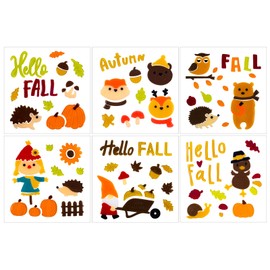 6 Sheet Fall Gel Window Clings for Glass Windows, FallThanksgiving Clings Gel Stickers,Hello Fall Leaves,Pumpkin for Autumn Holiday Window Decor