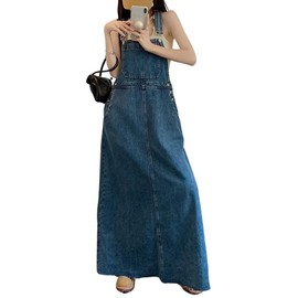 chouyatou Women's Adjustable Strap Distressed Denim Overall Dress A-Line Back Split Pinafore Bib Jean Dress (Medium, Blue)