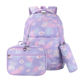 Robhomily Girls Backpack with Lunch Box for Elementary Middle School,17 Inch Purple Lightweight School Backpack with Lunch Bags Set for Girls