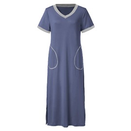 rismart Women's Nightdress Short Sleeve Long Nightshirt Nightgown Ankle-Length Sleepwear Blue,XL