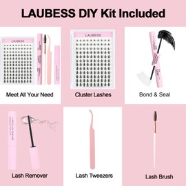 Cluster Lashes Kit LAUBESS DIY Lash Extension Wet-Look Eyelash Extension Kit Lash Clusters with Bond and Seal Remover Tweezers Brush (Set Fairy-0.07D-8-16Mix)