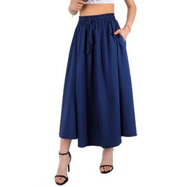BALAYSIER Long Skirts for Women with Pockets and Adjustable Drawstring Suitable for Casual Travelling Party(Navy Blue, M)