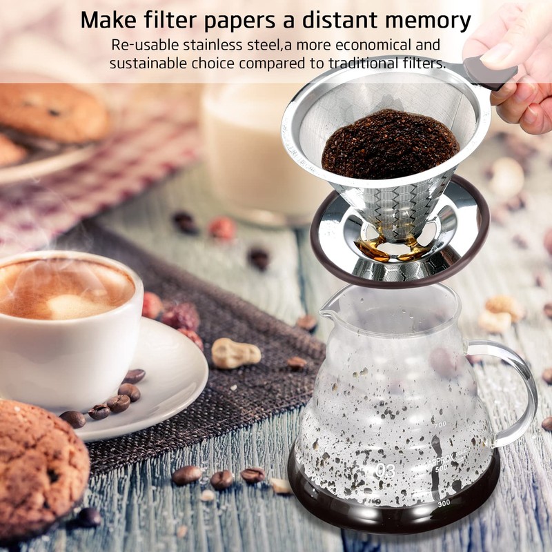 FOXAS Pour Over Coffee Filter Dripper, Reusable Stainless Steel Metal