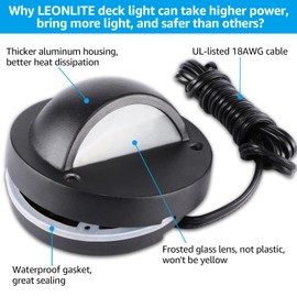 LEONLITE LED Low Voltage Deck Lights, 170LM 4.09inch Landscape Step Railing Fence Light, 12-36V AC/DC, Die-cast Aluminum Housing & Frosted Glass Lens, UL Listed Cord, Black, 3000K Warm White, 6 Pack