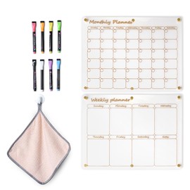 Magnetic Calendar for refrigerator | 2 pack Monthly and Weekly Acrylic Calendar for Fridge or Wall | Magnetic Fridge Calendar with Improved Magnets 8 Vibrant Markers Microfiber Washcloth & Magnetic