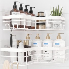 Sakugi Corner Shower Caddy - 2 Pack, Adhesive Shower Organizers, Rustproof Stainless Steel Shower Shelves with 8 Hooks, No Drilling Bathroom Organizers and Storage Racks, Space-Saving, White, Large