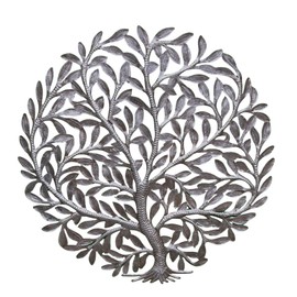 Metal Wall Art with Tree of Life, Organic Summer Tree, 23 Inches Round Indoor Outdoor Sculpture Handmade in Haiti