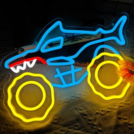 Cheexiann Shark Truck Neon Sign Monster Truck Neon Light for Wall Decor Dimmable Monster Racing Shark LED Car Neons Light Sign for Man Cave Bedroom Game Room Garage Birthday Party Gift