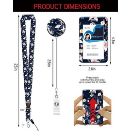 ID Badge Holder with Retractable Lanyard, Badge Holders Reel with 360 Degrees Rotate Carabiner Clip for Women, Teachers, Nurses, Doctor,Students, Office(Dark Blue Floral)