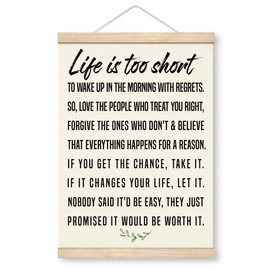 Inspirational Wall Decor, Life is Too Short to Wake Up in The Morning with Regrets - Framed with Wood Hanger, Inspirational Quotes, Motivational Gifts, Canvas Hanging Flag Banner (11.8 * 15.7)