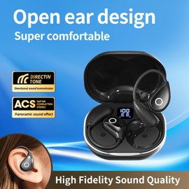 FLDAM Open Ear Headphones Wireless Bluetooth 5.4, Over The Ear Earbuds, Sport Headphones for Workout Running, Air Conduction Earbuds, HiFi Stereo, Extra Long Battery Life(Black)