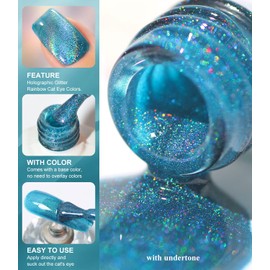 Gel Polish 15ml/0.5fl oz Holographic Blue 9D Cat Eye Shiny Glitter Soak Off Nail Polish with Magnetic Stick for Nail Salon (Blue Holographic Cat Eye)