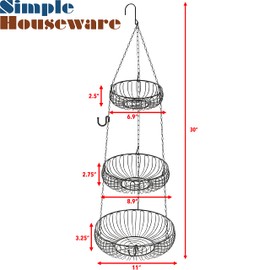 Simple Houseware Adjustable Metal Hanging Fruit Basket, Oblate, Black, 11" W x 11" L x 30" H