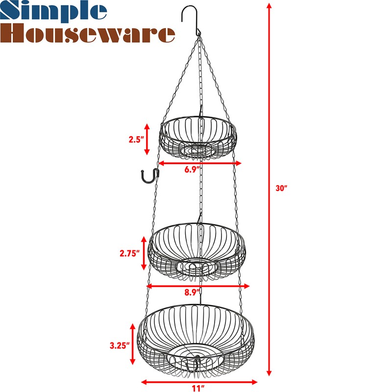 Simple Houseware Adjustable Metal Hanging Fruit Basket, Oblate, Black, 11"