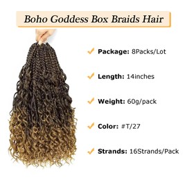8Packs Goddess Box Braids Crochet Hair With Curly Ends 14inch Pre-looped Bohomian Crochet Box Braids Synthetic Braiding Hair Extensions(T27, Boho Box Braids (14in- 8Packs))