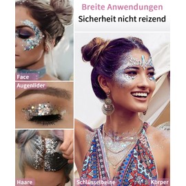 Glitter Face Body Glitter Gel, Mermaid Glitter Make-Up, Festival Glitter Face Gel, Make-Up Carnival Glitter for Festivals, Music Festivals, Party, Masquerade, Body/Face/Hair/Lips (Green)