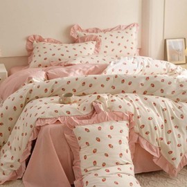 Nayoroom Ruffle Duvet Cover Twin Size Pink Strawberry Printed on White Ruffled Bedding Set 2Pcs Reversible Kids Girls Cute Kawaii Coquette Comforter Cover Soft Lightweight Microfiber