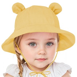 Zando Infant Sun Protective Wide Brim Baby Girl Bucket Hat - UPF 50+ Cotton Bear Ear Adjustable Summer Beach Cap - Yellow 1-2T